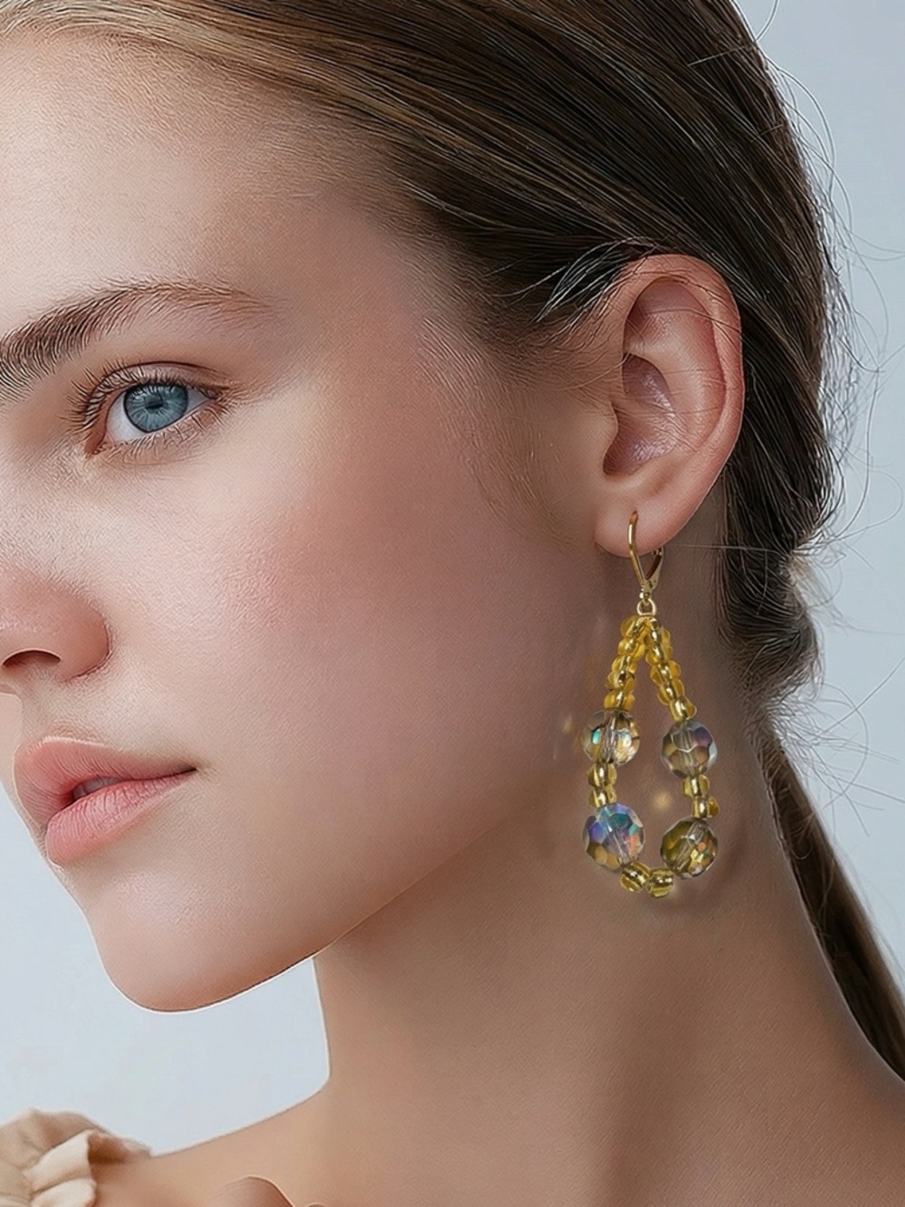 Gold tone Beaded Teardrop Earrings - Sunny Yellow shade hoops!
